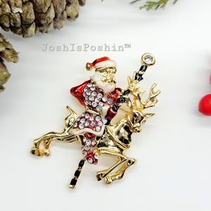 Enamel santa claus and reindeer brooch pin